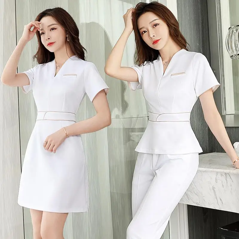 Roupa de trabalho respirável, uniforme branco, adequado para salão de beleza, garçom, verão, All-Match, elegante