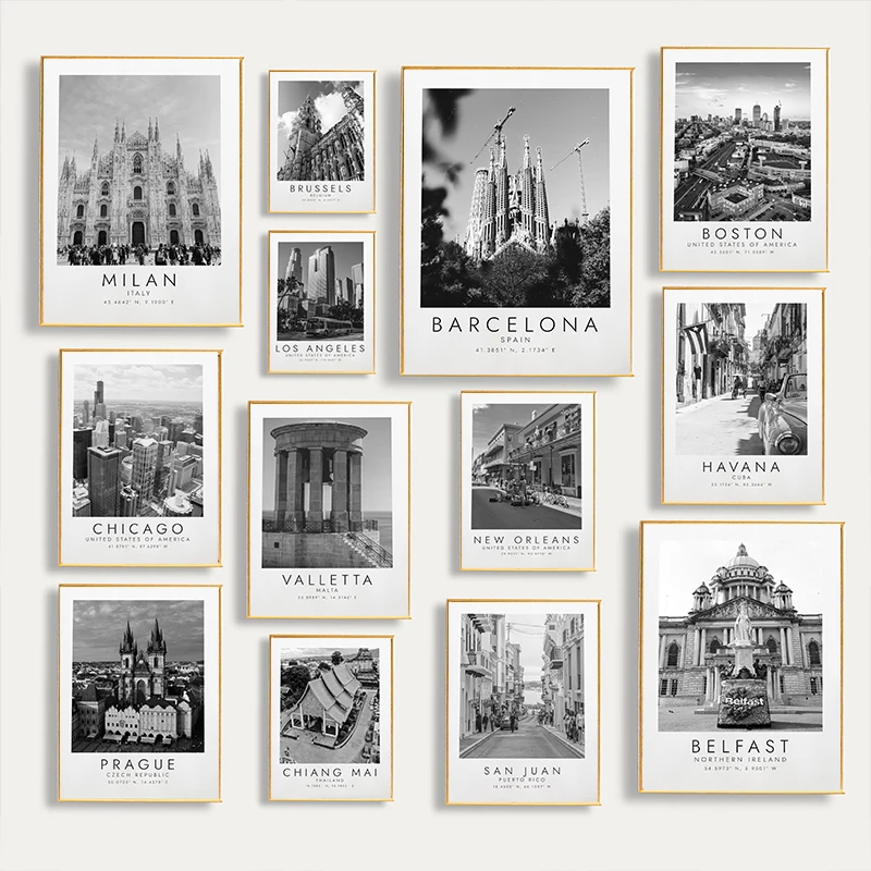 Pósteres de viaje Vintage nórdicos, pintura en lienzo, imágenes artísticas de pared, decoración del hogar, ciudad, turismo, vacaciones, Japón, España, Bélgica, blanco y negro