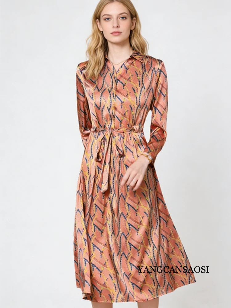 2026 Spring Clothing Temperament Waist Cinching Lapel 90% Natural Mulberry Silk Elastic Satin Long Sleeved Printed Women's Dress