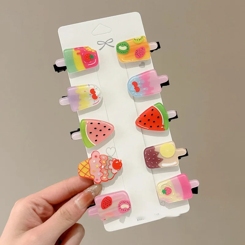 10pcs/set Candy Color Hair Clips Cute Cartoon Ice-cream Fruit Designs Barrettes Summer Dopamine Hairpins Kid's Lovly Headwear - Image 6