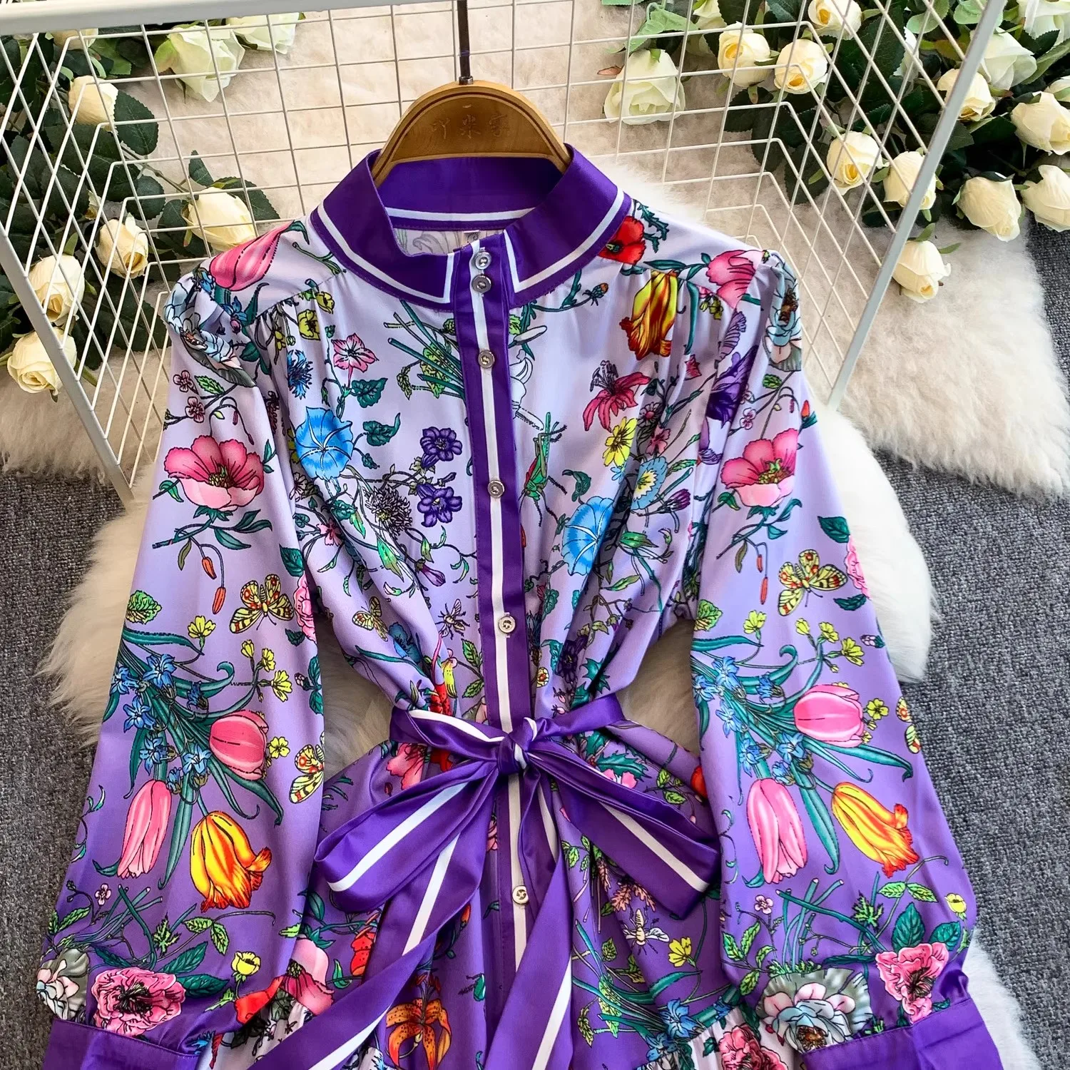 Runway Summer Autumn Holiday Gorgeous Floral Maxi Dress Women's Stand Lantern Sleeve Single Breasted Loose Belt Long Vestidos