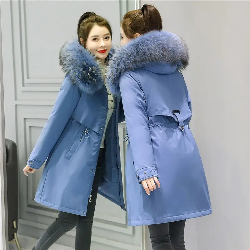 Women 2023 Winter New Cotton Coat Ins Coat Large Plush Collar Down Korean Version Medium Length Plush Cotton Coat