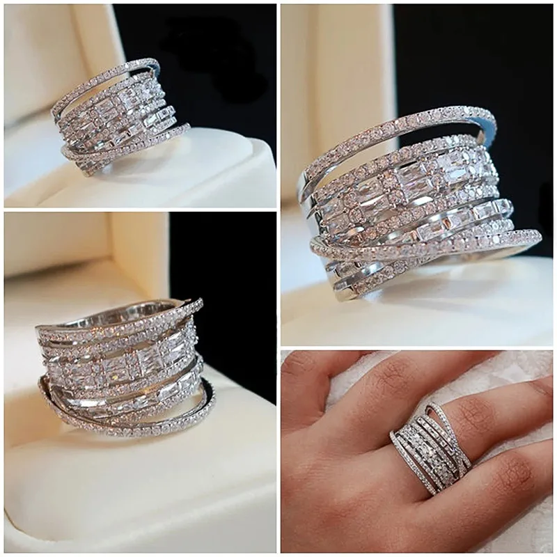 BKBK Silver Multi Layer Cross Crisscross Baguette Round Zircon Wide Statement Women Rings Engagement Wedding Rings Anti-Oxidation Fashion Jewelry, Hypoallergenic Sparkly Comfort Fit Gift for Ladies Valentine Xmas Anniversary Evening Prom Wedding Party