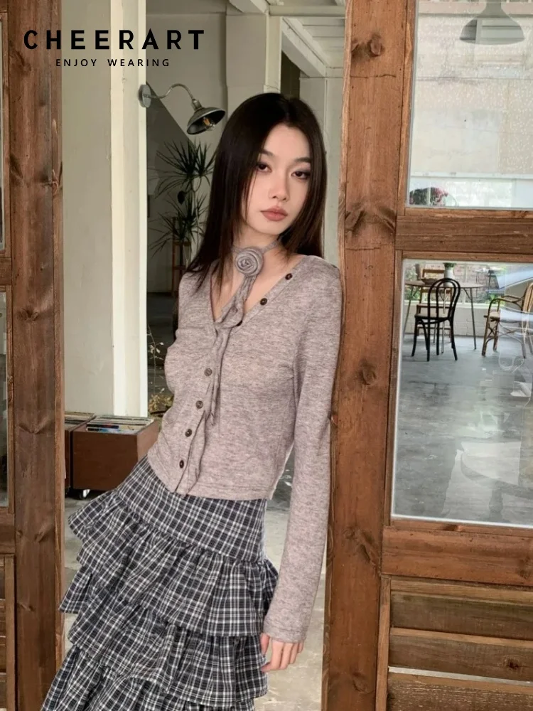 

CHEERART Purple V Neck Cardigan Woman Knitwears Button Up Long Sleeve Knit Top Cropped Sweaters Fall 2025 Fashion Woman