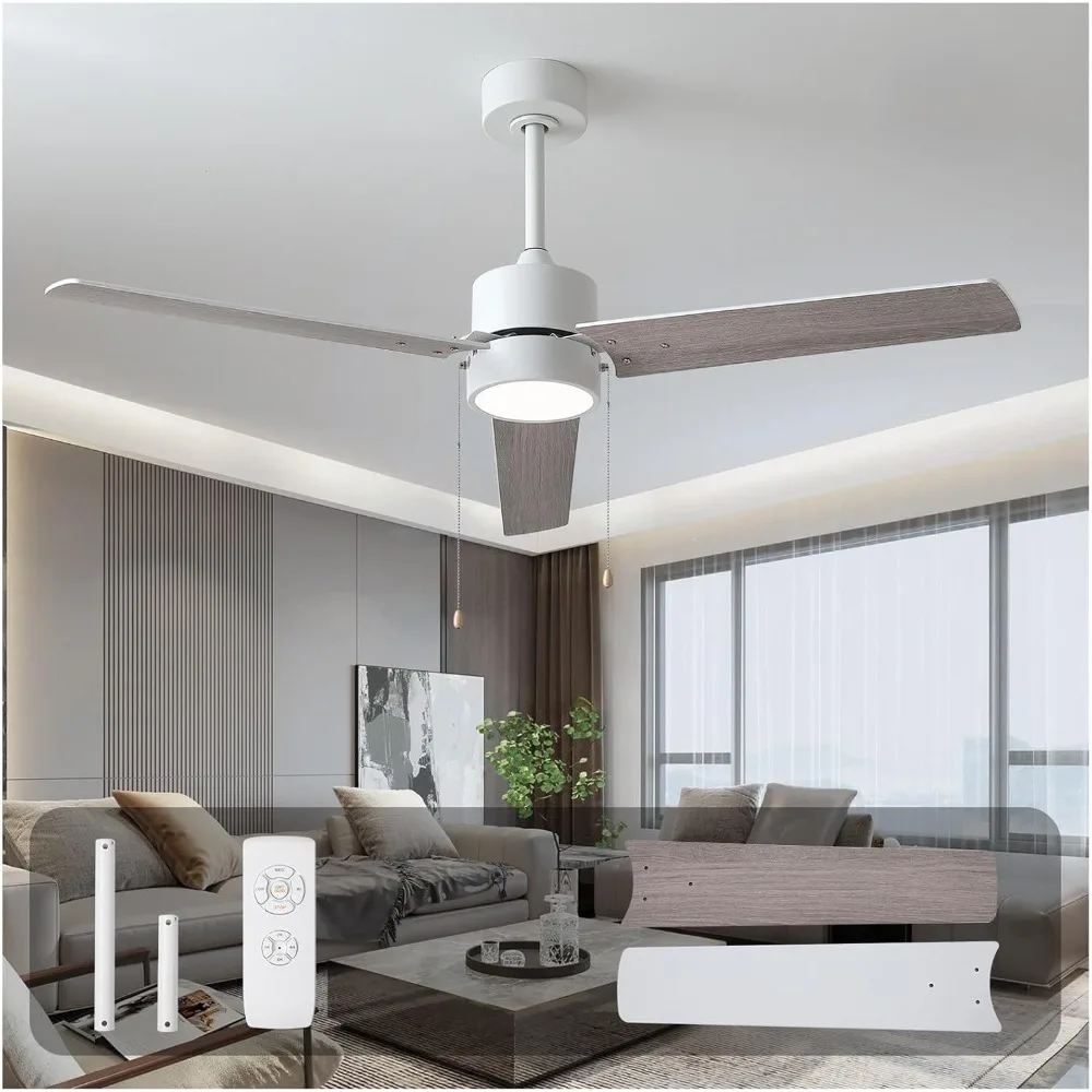 52 Inch Ceiling Fans with Lights and Remote, Pull Chain 3CCT Reversible Wood Fan for Farmhouse Bedroom Living Room Kitchen