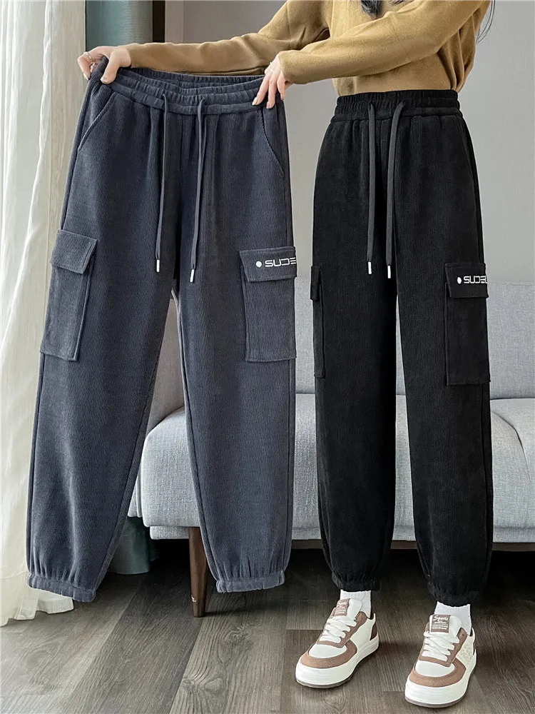 Women's Autumn Winter Corduroy Fleece Lined Trousers Harlan Pants Cuffed Sports Casual Velvet Sweatpants High Waist Long Pants
