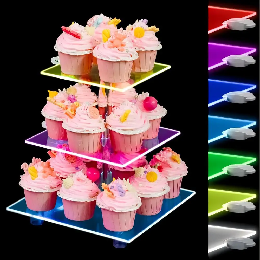 3-Tier Acrylic Cupcake Tower with Rechargeable Lights - Holds 24 Cupcakes, 7-Color Display Stand for Parties