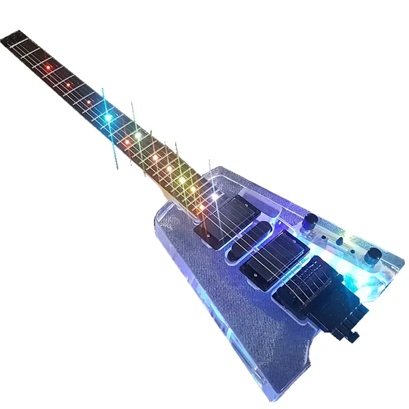 

OEM ODM ACKI Electric Guitar Acrylic Body Rosewood fretboard Dot Inlays with LED Lights Headless Guitar