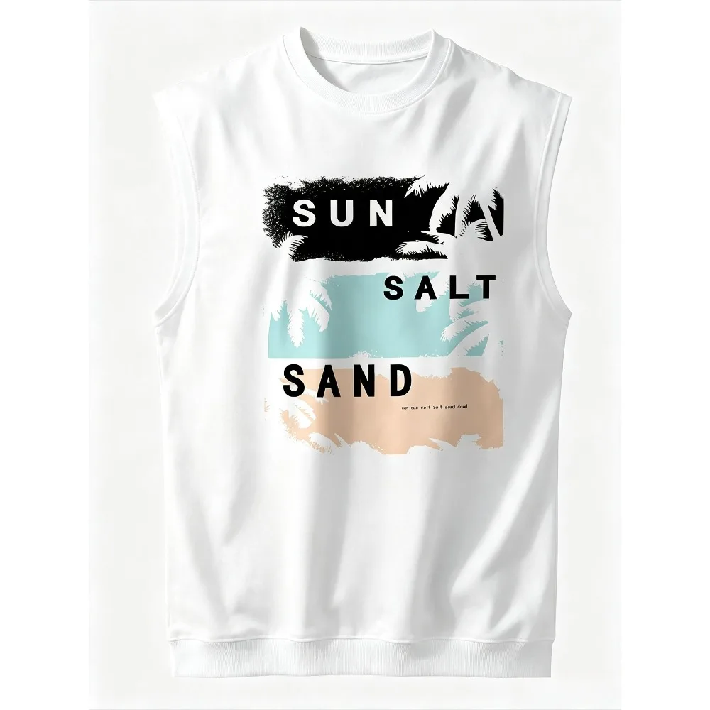 Sun Salt Sand Palm Print Men Sleeveless T Shirt Summer Casual Fitness Workout Streetwear Top