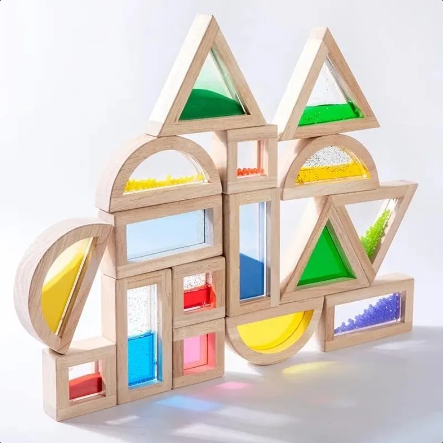 Bloques de construcción de madera grandes para niños pequeños, 16 Uds., bloques de arcoíris, juego de juguetes de construcción apilables sensoriales geométricos coloridos P