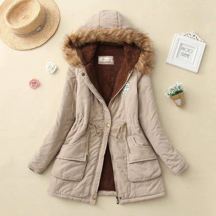 Women's Autumn Winter Hooded Cotton Padded Parka Coat, Slim Fit Drawstring Waist Medium Length Casual Warm Workwear Jacket