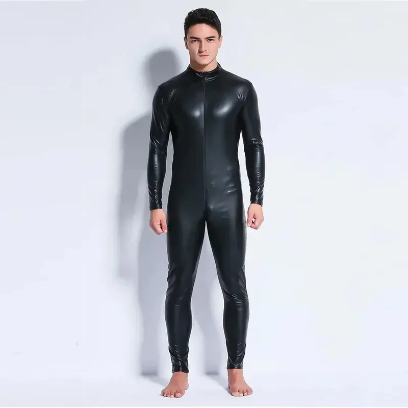 

Faux Leather Two Way Long Zipper Crotch Bodysuit Plus Size M-3XL Sexy Men Catsuit Night Club DS Jumpsuit Latex Bodysuit