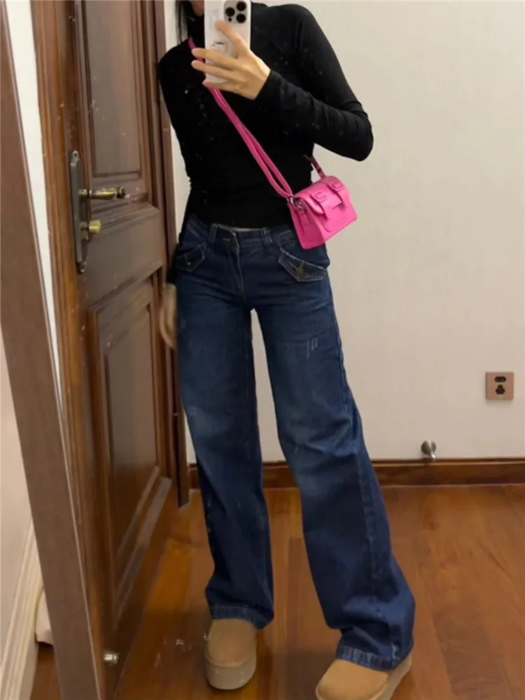 

Low Waist Wide Leg Straight Cut Jeans Women's Spring Autumn Loose Slimming Extended Length Sexy Girl High Waist Jeans