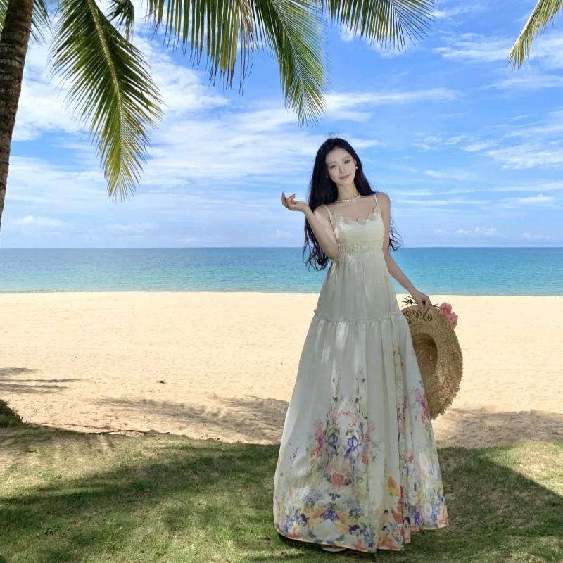 Vintage Boho Fashion Long Dresses For Women Summer Flower Print High Waist Casual Holiday Party Dress Vestidos 2025 New N768