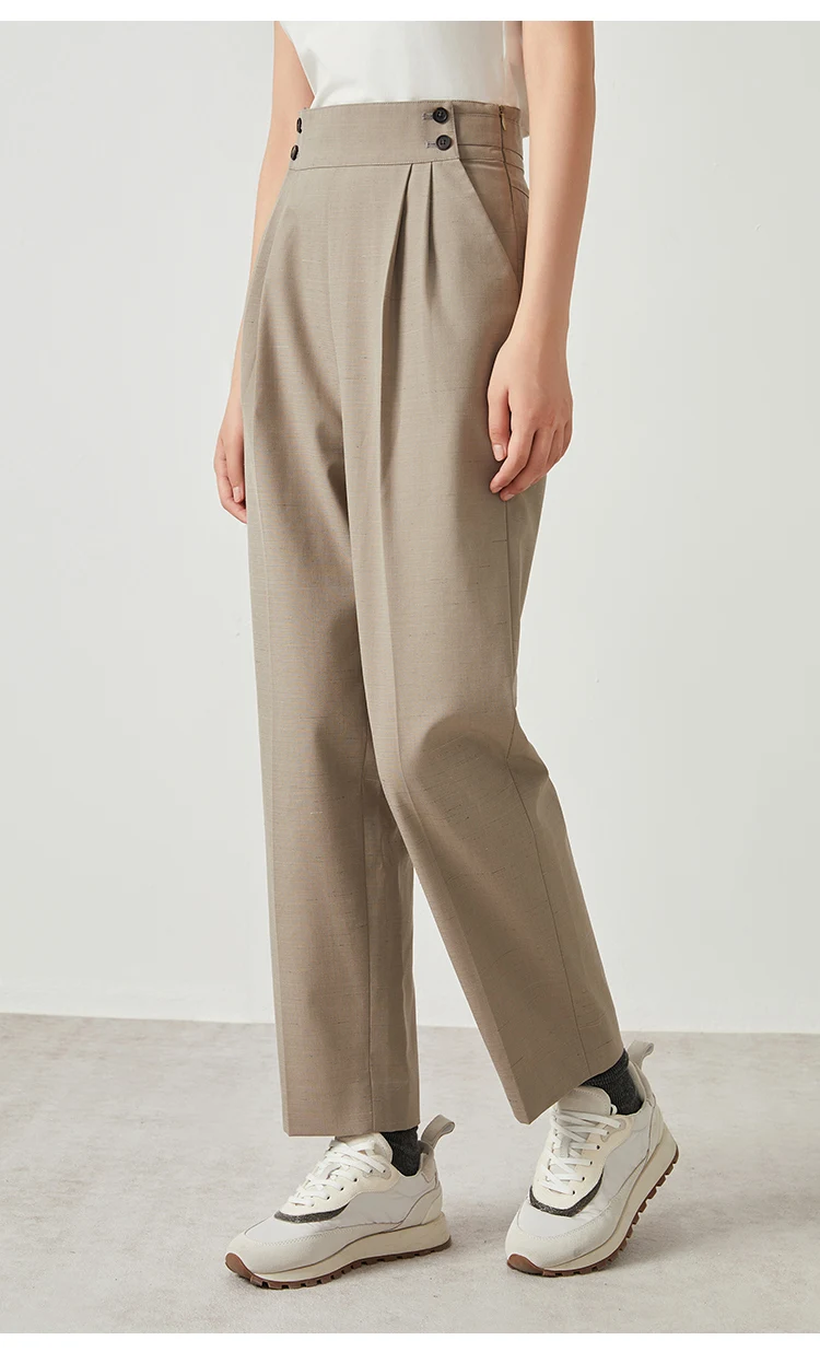 K2523X Luxuriöse Damen-Hose aus Woll-Leinen-Mischgewebe, tailliert, gerade geschnitten, hohe Taille, schlichte Linien, elegante, minimalistische Hose – Detail 4