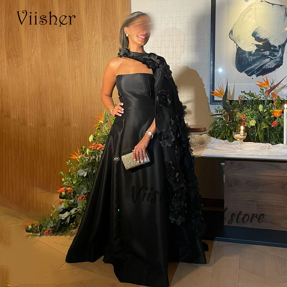 

Black Evening Dresses with Cape 3D Flowers A Line Satin Arabian Dubai Prom Dress Floor Length Formal Party Gowns Backless