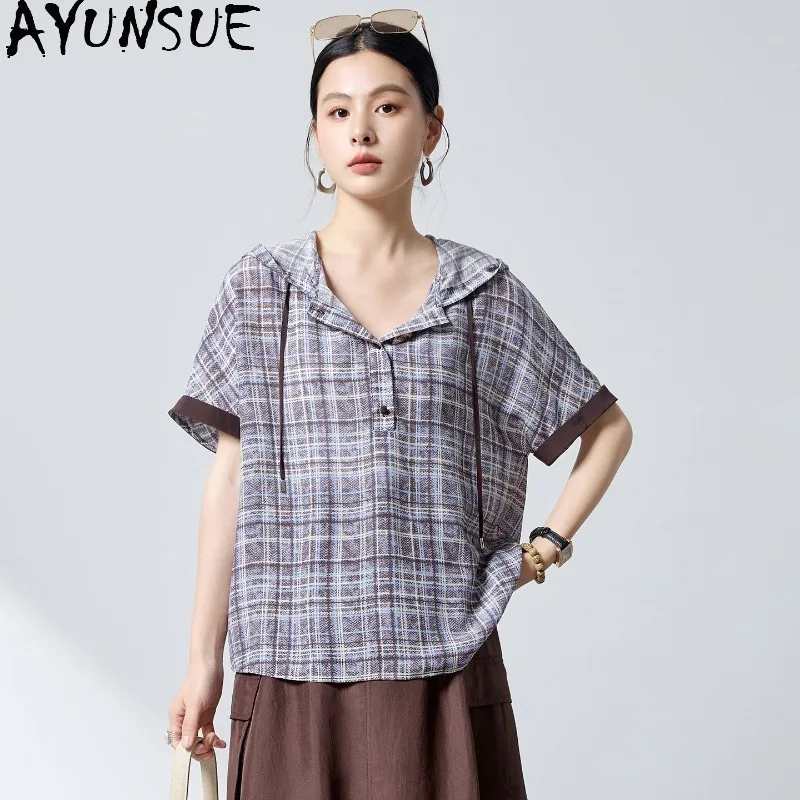 AYUNSUE 100% Silk Women's T-shirts Checkered Hooded Summer Tops for Woman Loose Short Sleeve T Shirts Woman Clothes топ женский