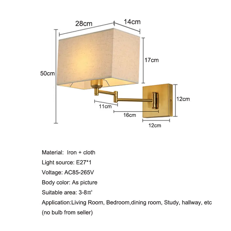 European Room Wall Lamp Iron Folding Swing Arm Bedroom Bedside Lamp Modern Minimalist Hotel Study Fabric Reading Lighting