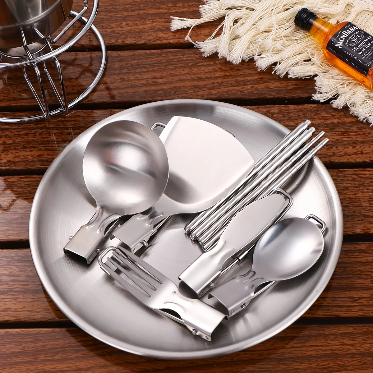 Camping Tableware Set Stainless Steel Cutlery Set Camping Dishes Picnic Dinnerware Portable Lunch Bag Tableware Picnic Cutlery