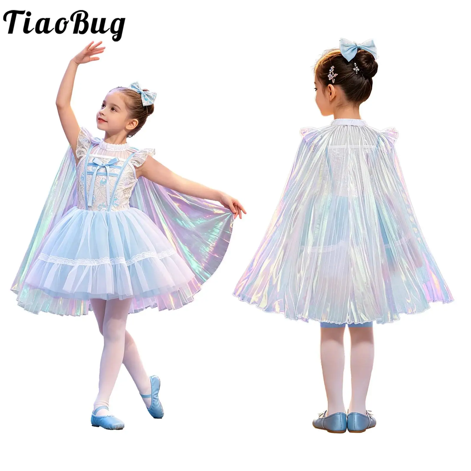 Kids Girls Ballet Dance Princess Cosplay Performance Costume Bow Sequins Bodice Layered Tulle Tutu Dress with Cloak Headwear