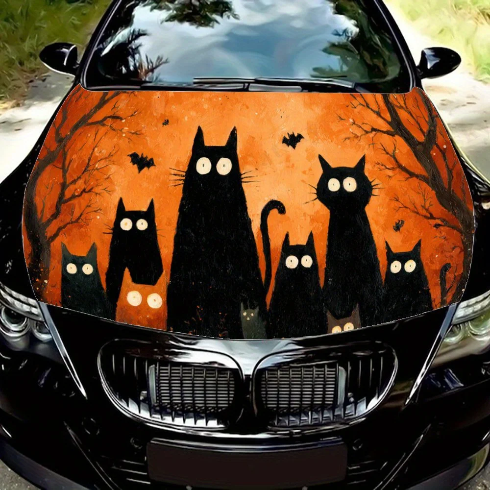 

Mystical Halloween Decor Black Cats Dead Trees Pumpkins Car Hood Sticker PVC Self Waterproof stick, Striking Auto Exterior Acces