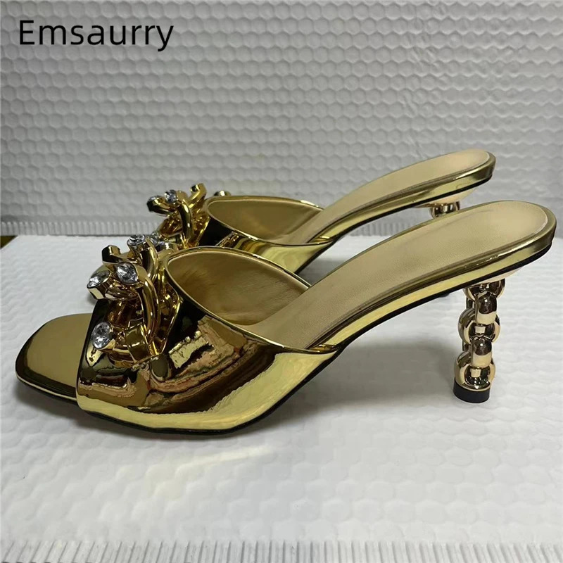 Diamond Crystal Chains Buckle Decor Sandals Women Luxury Patent Leather Slingbacks Unique Chain Strange Heel Summer Mules