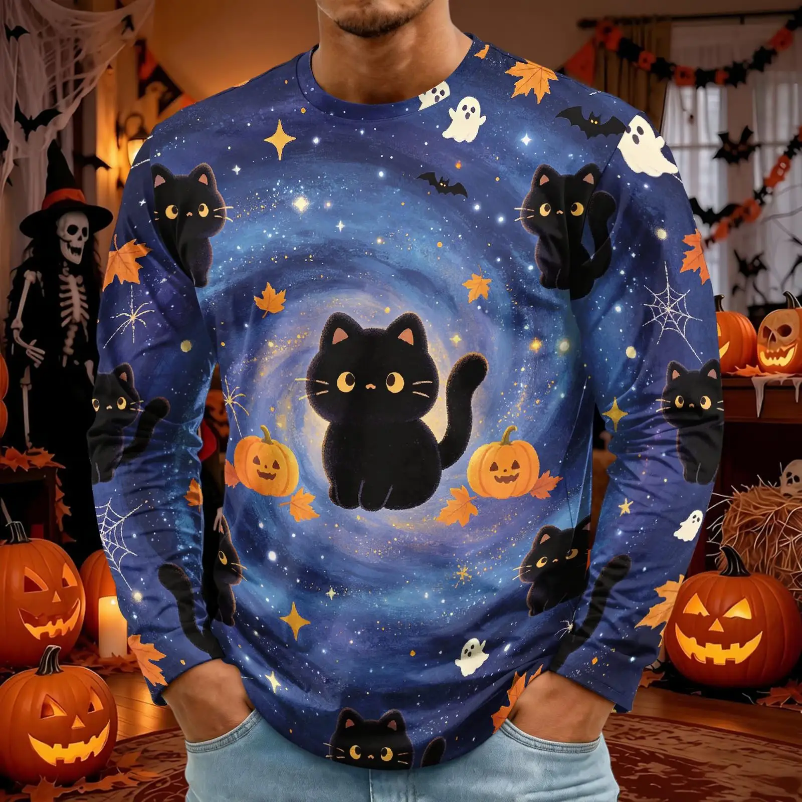 Men Halloween Black Cat Pumpkin Ghost Haunted House 3D Print Crew Neck Long Sleeve Casual Tee
