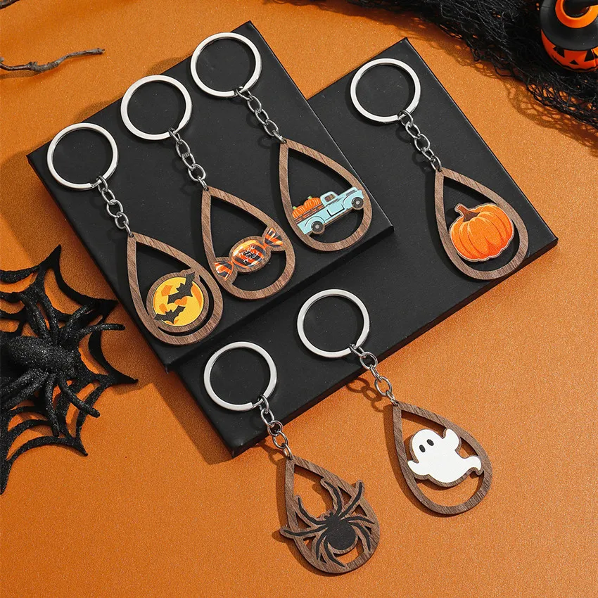 Spooky Halloween Creative Wooden Water Drop Pendant Keychain Ghost Bat Candy Spider Keyring Keys Holder for Backpack Bag