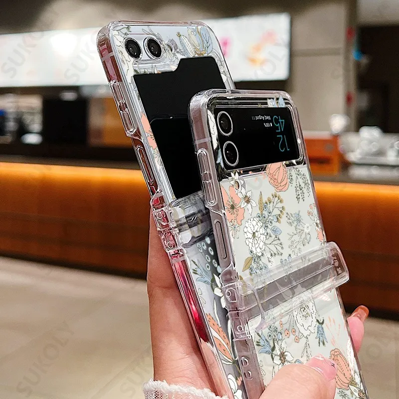 For Samsung Galaxy Z Flip 5 Z Flip 4 Z Flip 6 Flower Pattern Clear Case For Samsung Z5 Z4 Z3 Shockproof Hard PC Folding Cover