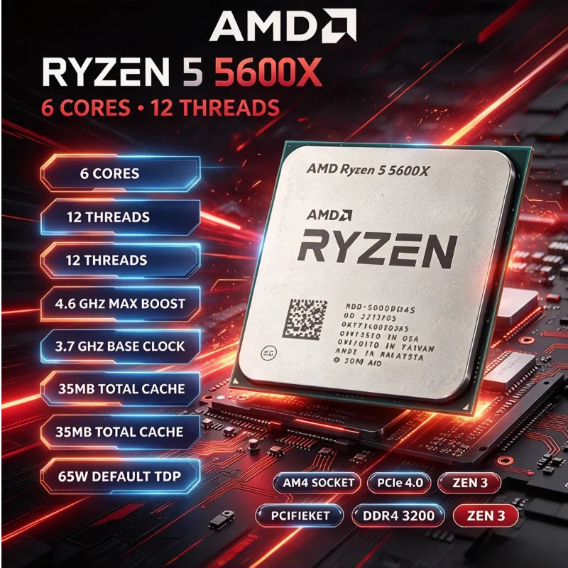 AMD R5 5600X Procesador De Escritorio 3.7GHz 6 Cores 12 Threads AM4 7nm 32MB L3 Cache 65W DDR4 Sin Cooler