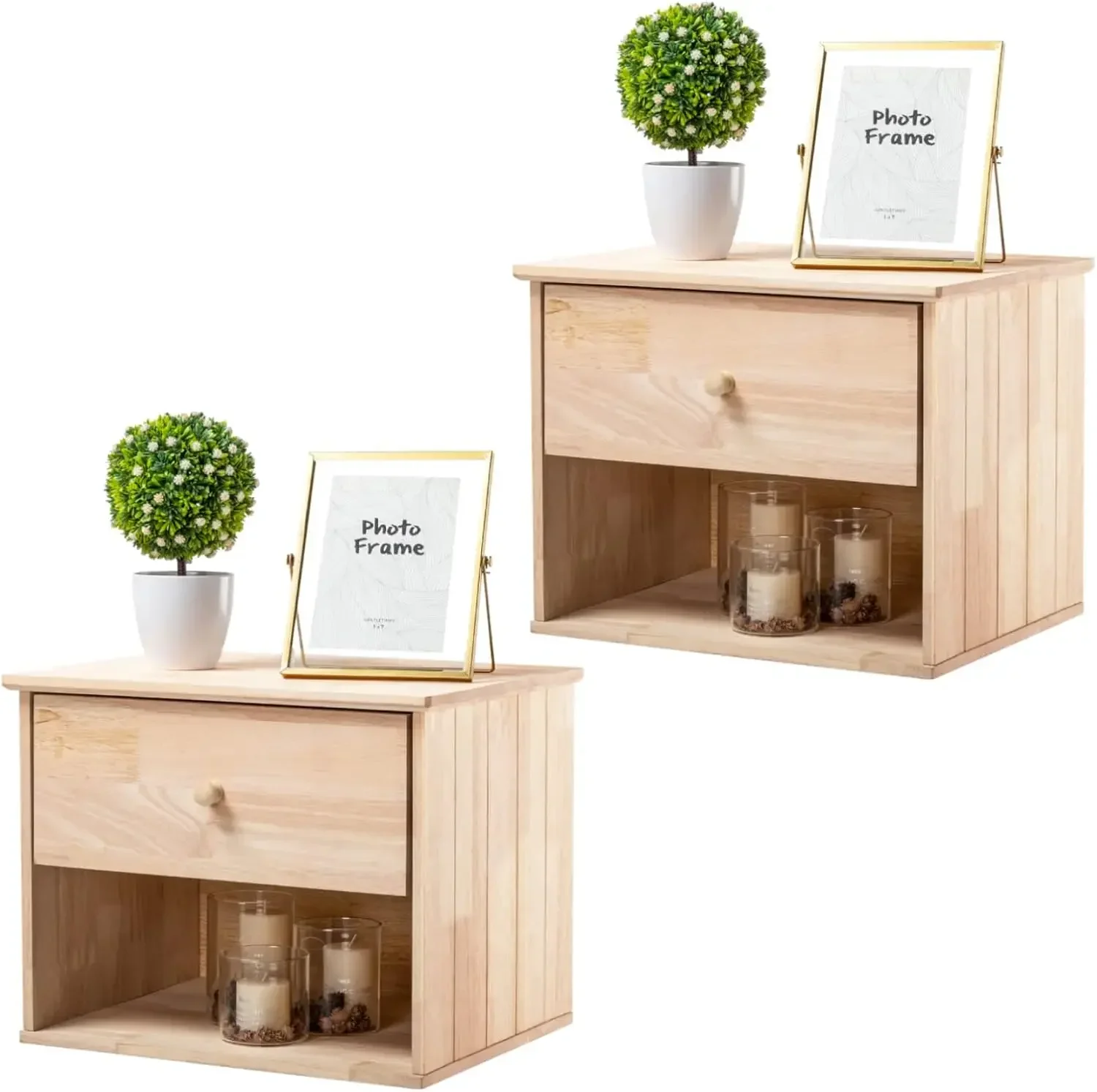 Unfinished Natural Solid Wood Floating Nightstand for Bedroom Set of 2, Small Nightstand with Drawer & Open Shelf