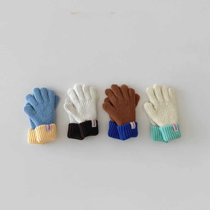 

1 Pair Kids Color Block Touchscreen Gloves for Girls Boy Ins Fashion Winter Mittens for Children Warm Knit Finger Gloves