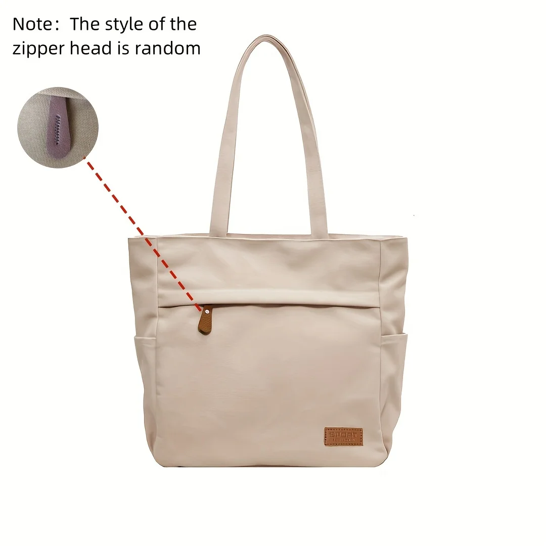 Large Canvas Tote Bag With Zipper, Versatile Solid Color Shoulder Bag, Spacious Travel Handbag For School And Work