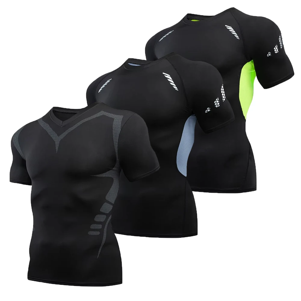 Stilvolle Kurzarm-Kompressionsshirts für Herren, Fitnessstudio, Workout, Laufen, schnell trocknend, T-Shirt, Tops, Sommer, sportliches Unterhemd, Rashguard