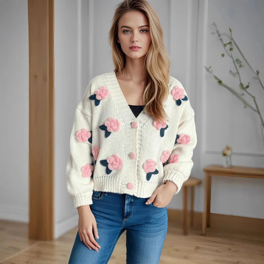 Sueter Mujer Invierno 2024 Korean Style New Sweater Women V Neck Short Appliques Long Sleeves Knitted Cardigan Chic Coat KCR3194