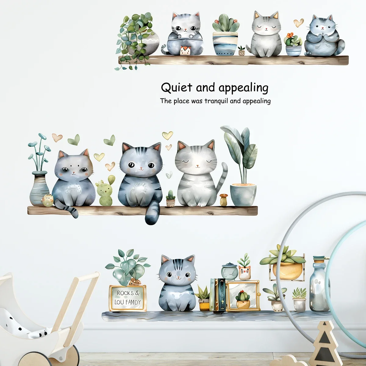 2Pcs Plant Potted Cartoon Cute Cat Wall Sticker for Kids Room Decor Baby Room Bedroom Decoration Living Room Wall Decals Art