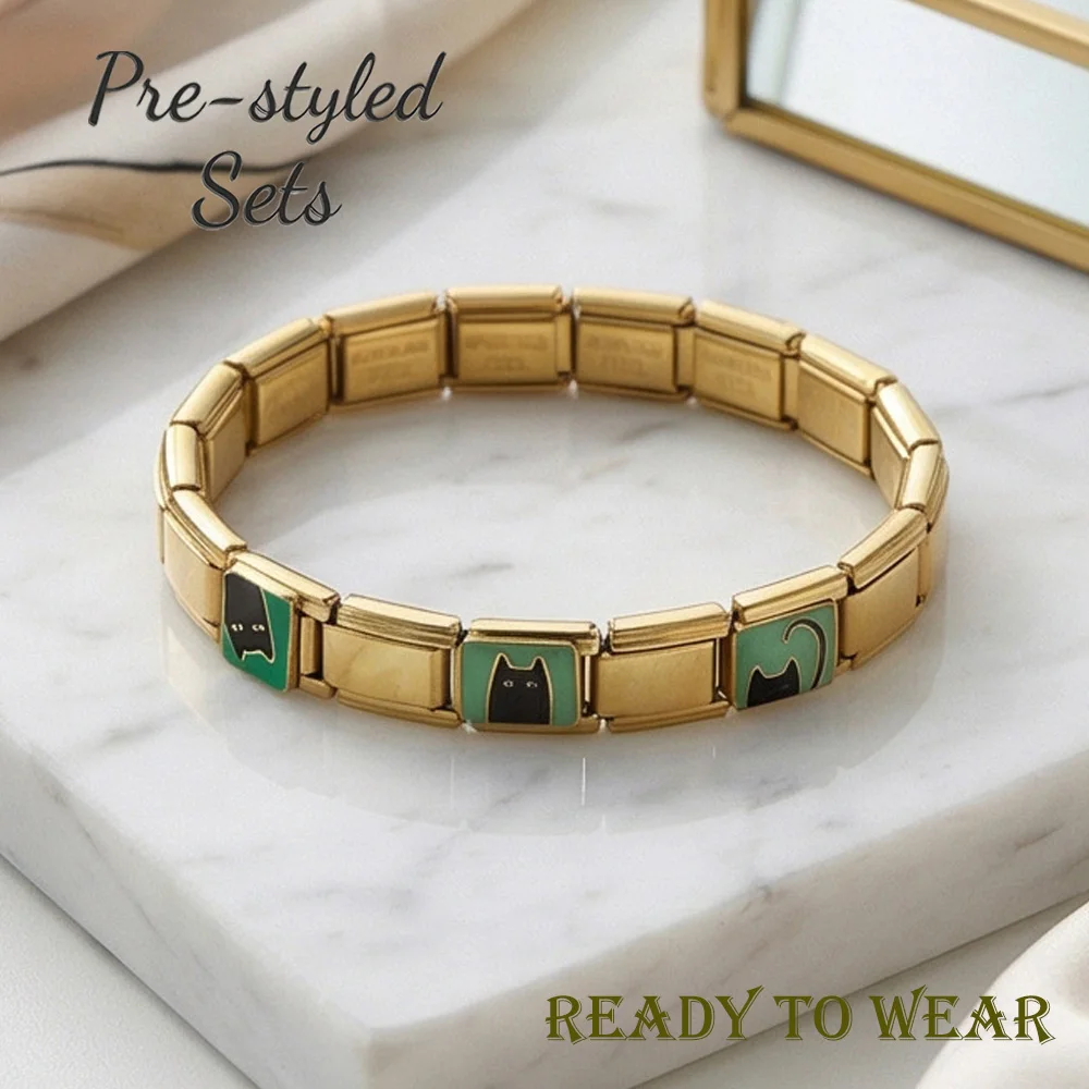 Cute Black Cat Green Enamel Italian Module Bracelet Stainless Steel Elastic Charm Bangle Cartoon Animal Tile Links Women Gifts