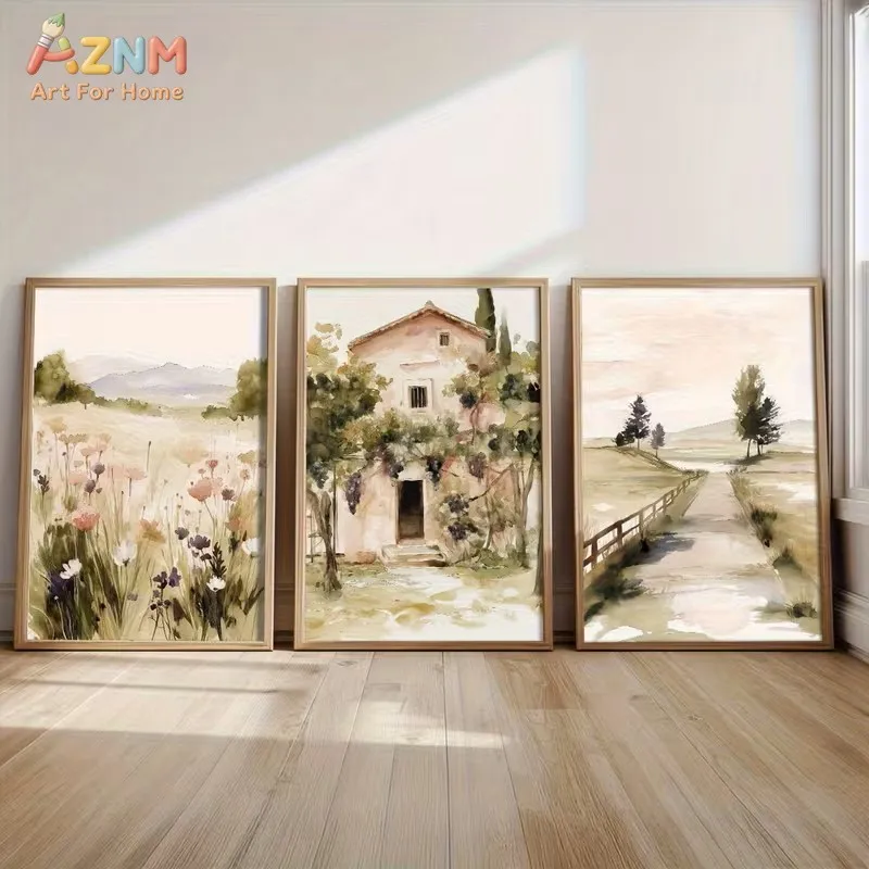3PCS Vintage Tuscan Watercolor Canvas Wall Art Set Wildflower Field, Countryside Villa and Pathway Prints Posters Neutral Earthy