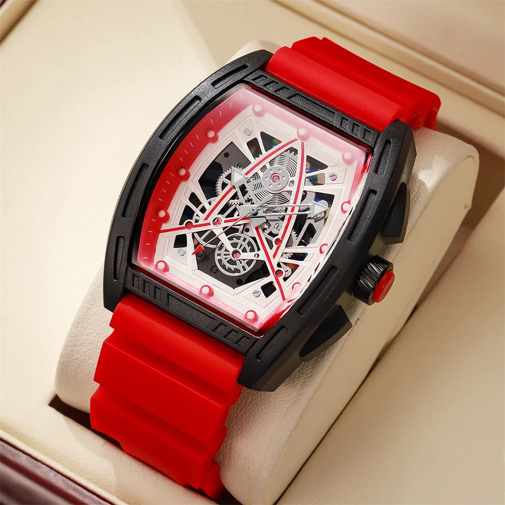 Luxury Men Hollow Skeleton Quartz Wristwatch Tonneau Black Shell Red Rubber Band Sport Gift Watch