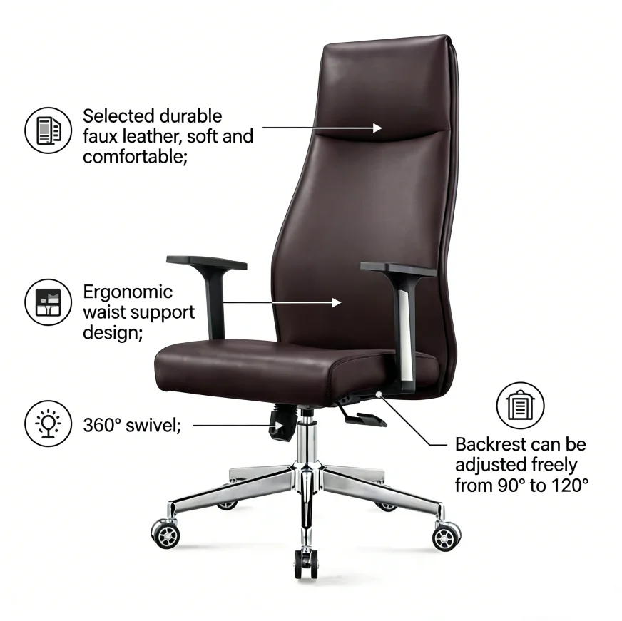 High Back PU Leather Office Desk Chair with Adjustable Headrest Iron Ribbed Conference Task Chair Lift Meeting Adjustable Height