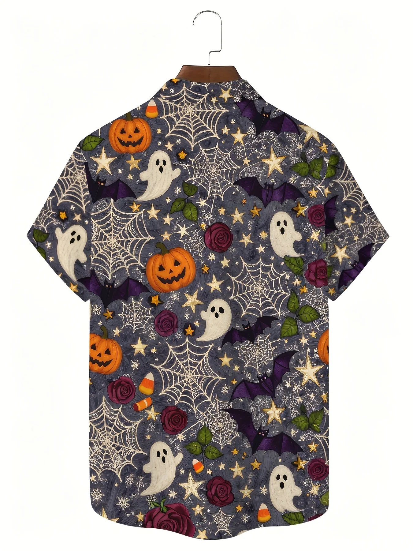 Men's Shirt Short Sleeve Halloween Pumpkin Ghost Bat Spider Print Turn‑Down Collar Button Loose Casual Holiday Top Men Clothes
