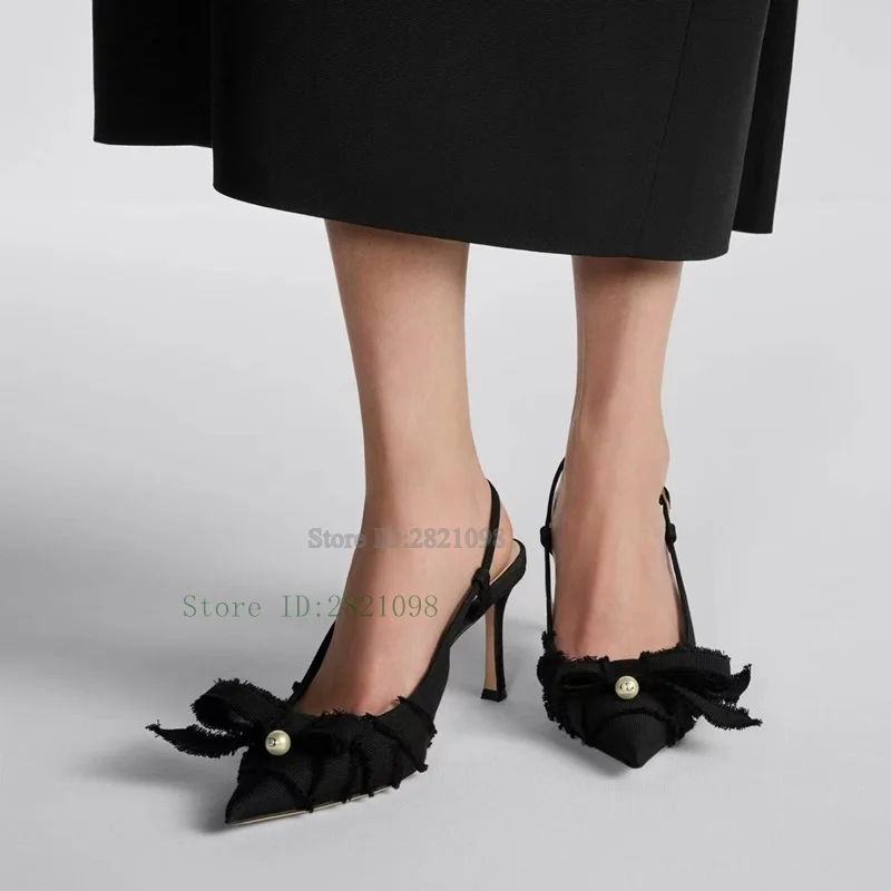 

Slingback Pumps Black Fringed Big Bowtie with Pearls Pointed Toe High Heels Women 8Cm Heeled Sexy Pointy Party Dress Shoes