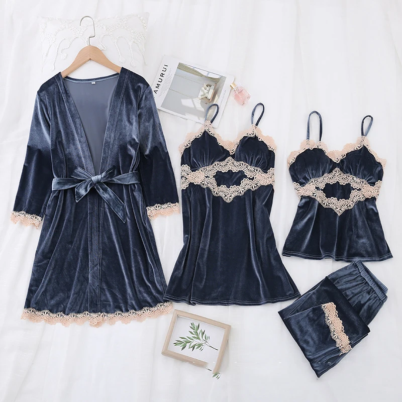 Autumn Winter Female Pajamas Velvet 4PCS Sleepwear Set Sexy Lace Trim Kimono Bathrobe Gown Pijamas Suit Loose Velour Homewear