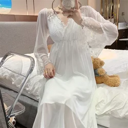 Princess Style Lingeries for Woman Sweet Lingerie Lace Sleepwear Loose Night Dress Women Homewear Spring Autumn White Pajama