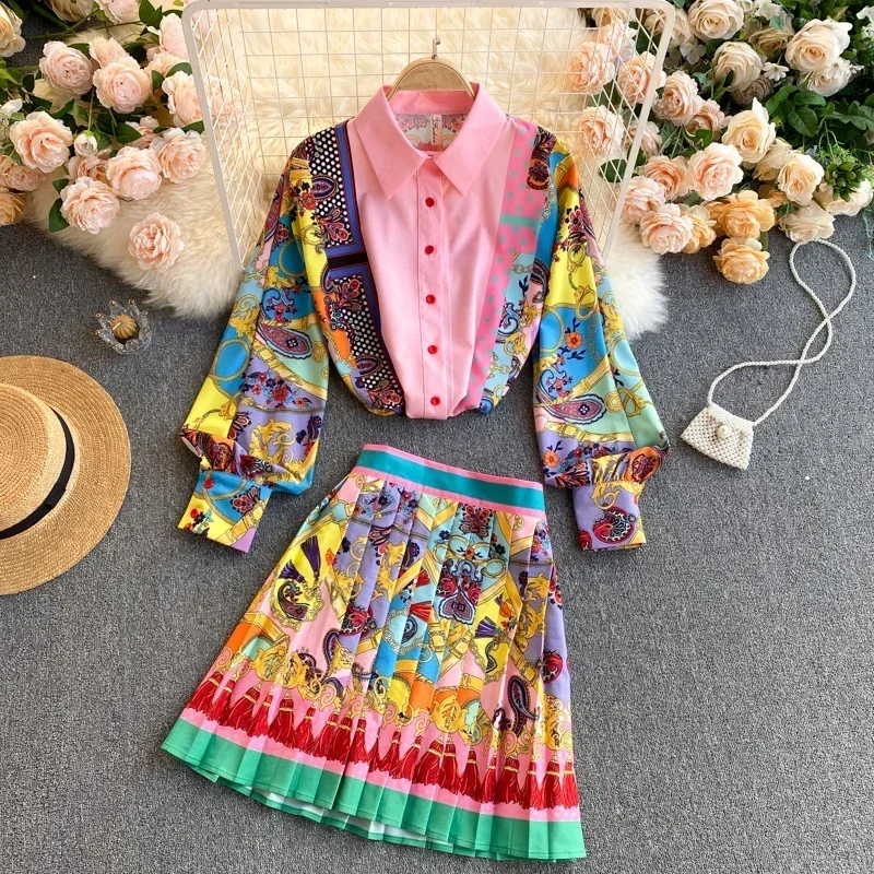 

Bohemian Style Printed Turndown Collar Puff Sleeve Shirt + High Waisted Slim A-line Skirt 2 Piece Sets Womens Outfits Elegant