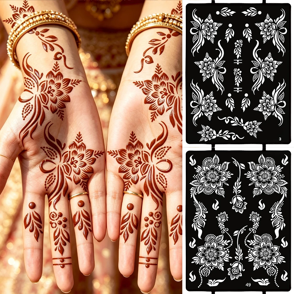 1 Sheet Henna Tattoo Stencil for Women Body Painting Flower Template Mehndi Stencil for Hand Foot Wedding Festival Body Painting