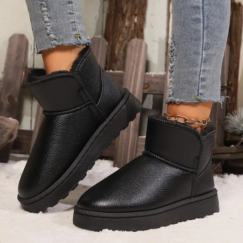 Winter Women\'s Snow Boots New Fleece-lined Thickened Short Waterproof Non-slip Flat Bottom Thick Bottom Warm Couple Cotton Shoes