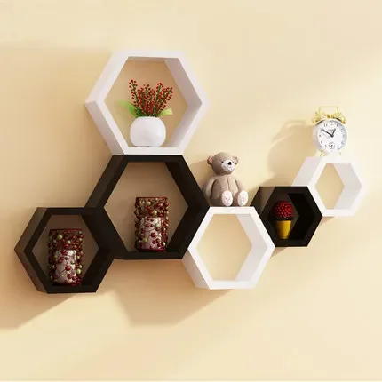 Hot selling modern Display Hexagon Wood Honeycomb Ornament Modular Floating Colored Solid Wood Wall Shelf Storage Shelf