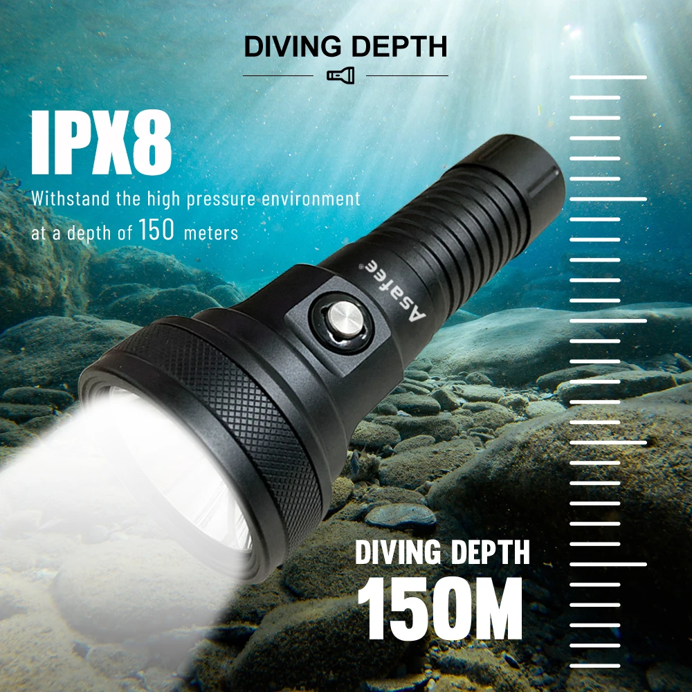 Asafee DT01 150M Underwater Diving Flashlight 5000LM SBT90 LED Powerful Waterproof Dive Torch Professional Scuba Diving Light