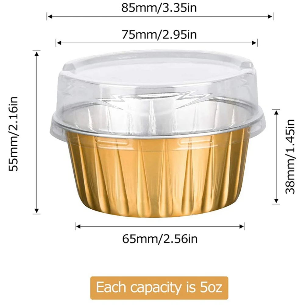 AFOURT-Dessertbecher mit Deckeln, 75er-Pack Goldene Aluminium-Backförmchen, Cupcake-Backformen, Transparente Pudding-Becher – Detail 5